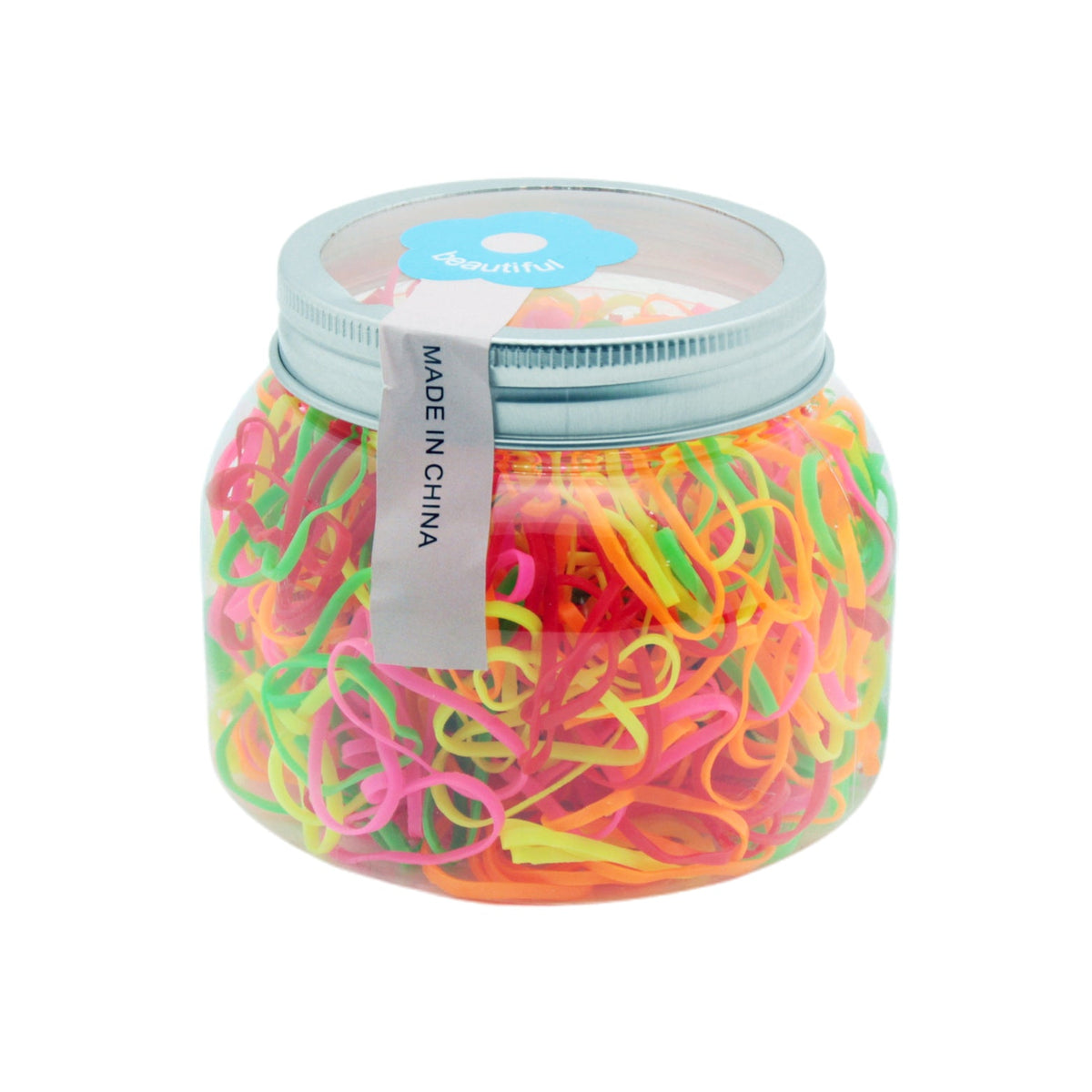 Hair Tie RB Col(500PCS) in a colorful jar, featuring 500 mini elastic bands for stylish hairdos and easy storage.