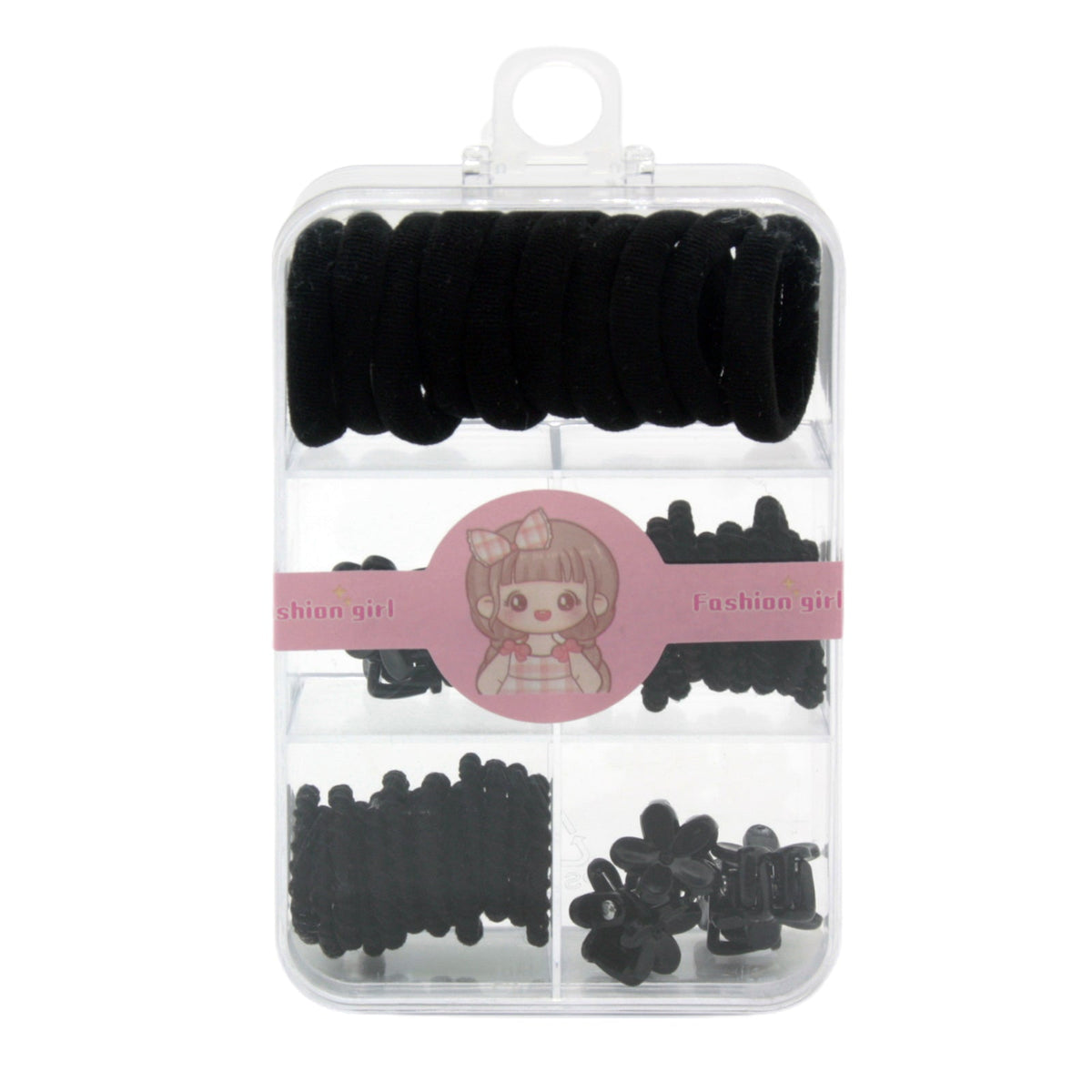 Black Hair Accessories Gift Set – Hairbands & Clips in Clear Organizer Box containing elastic bands and claw clips.