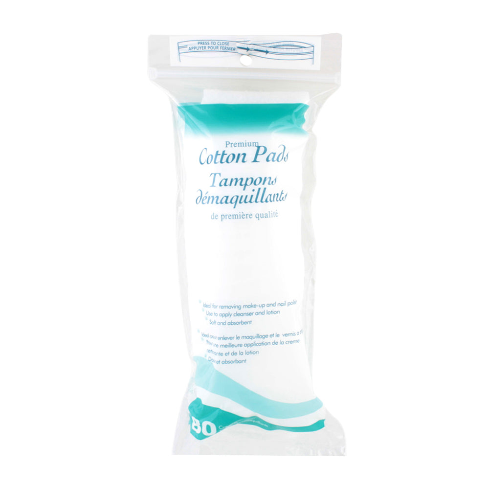 Premium Cotton Pads in a sealed package, ideal for removing makeup and applying skincare products.
