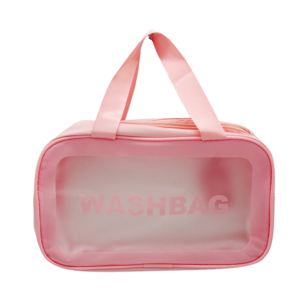 Transparent Travel Toiletry Bag(8.7*27*14.5CM) in pink color with clear window and handles.