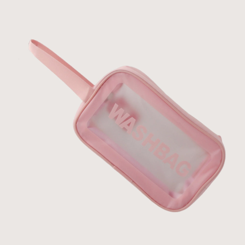 Transparent Travel Toiletry Bag(6*19*13.6CM) in pink with clear panel and handle.