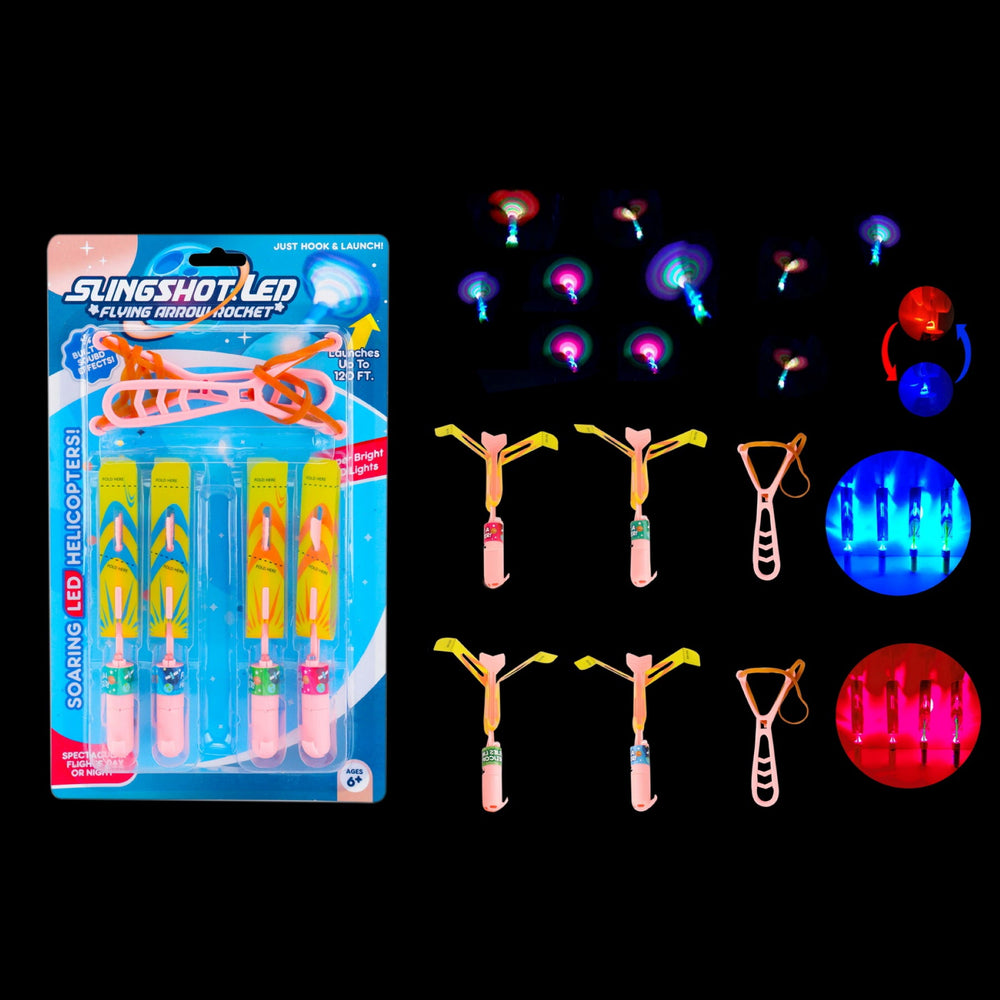 Slingshot Led packaging with colorful flying arrow rockets and LED shooting toys on a black background.