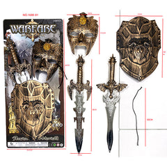 Warfare Sword Set featuring swords, a shield, and a detailed mask for collectors and cosplay enthusiasts.