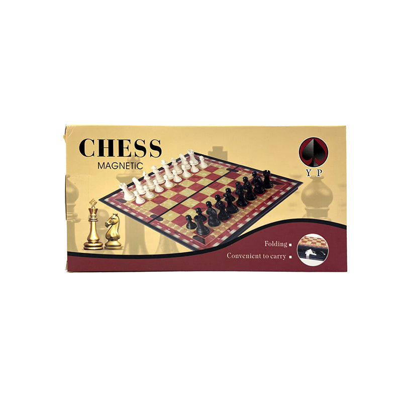 Magnetic Chess set with a folding board, featuring white and black pieces for convenient carrying.