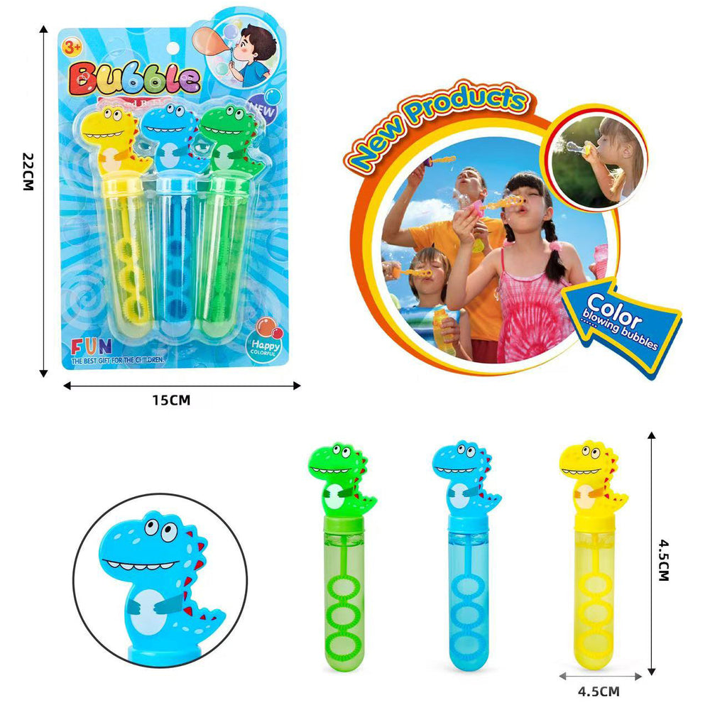 Dino Bubble Tube Set – 3 - Pack Blister Card with colorful bubble tubes and happy children playing.