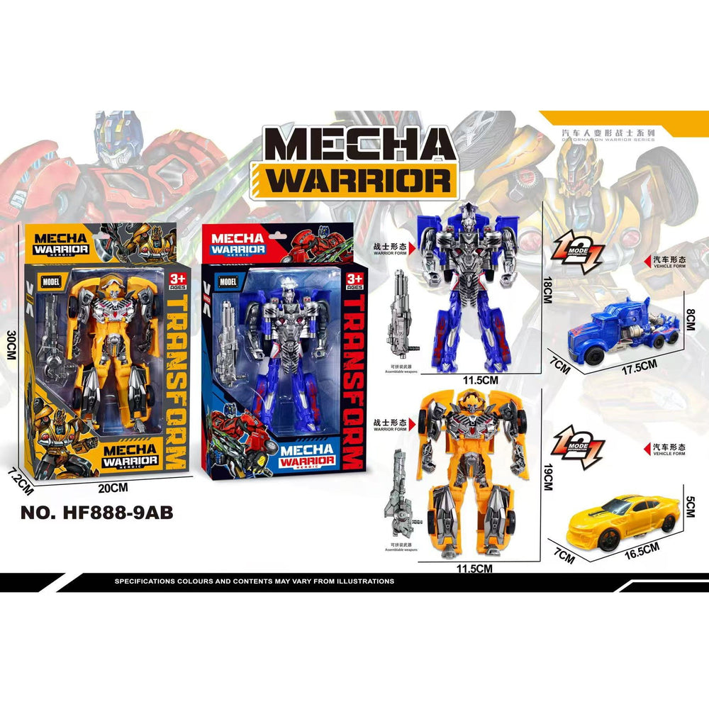 Mecha Warrior Transforming Robot Toy displayed with packaging and various robot designs and specifications.