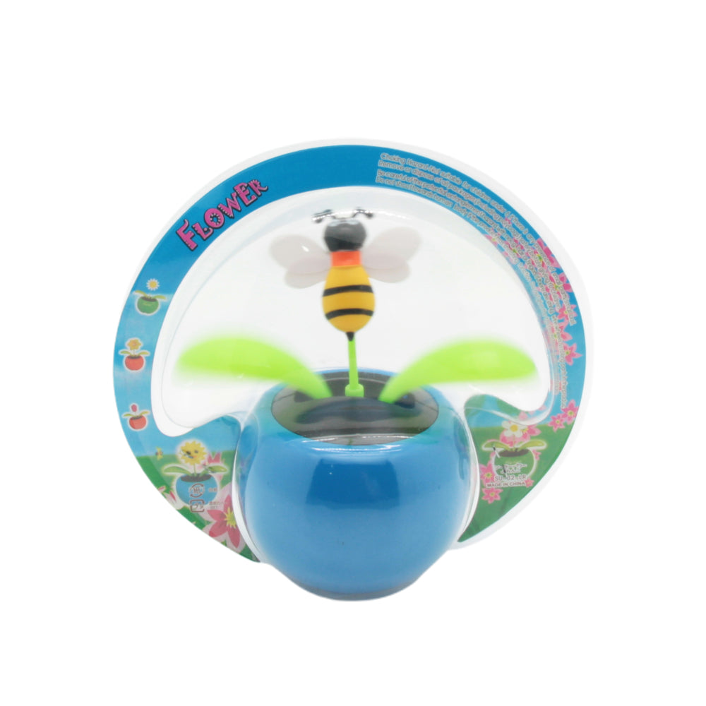 Solar Dancing Flower Pot Toy with bee decoration and vibrant leaves in blue pot design.