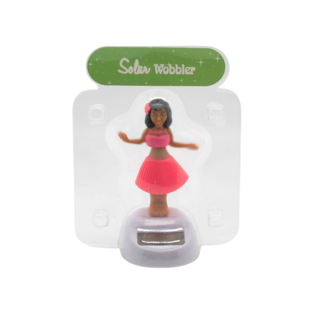Solar Dancing Hula Girl Toy in packaging with a pink skirt and flower in hair, perfect for decoration.