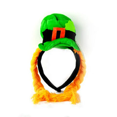 Hair Band Girl st Paddy Hat on with vibrant green leprechaun hat and bright orange braids.