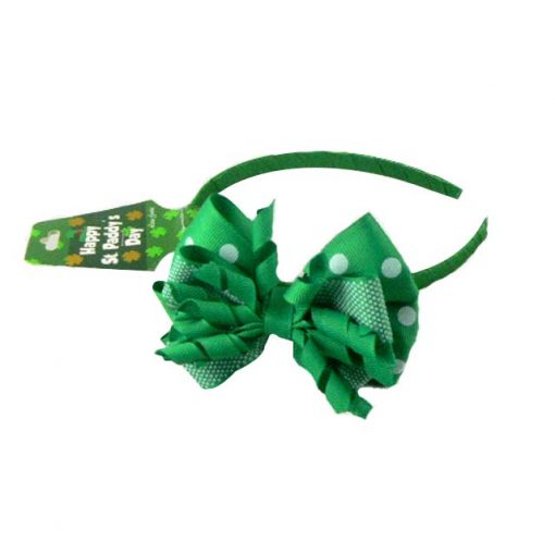 St Paddy Ribbon Hair Band featuring a green polka dot bow for St. Patrick's Day celebrations.