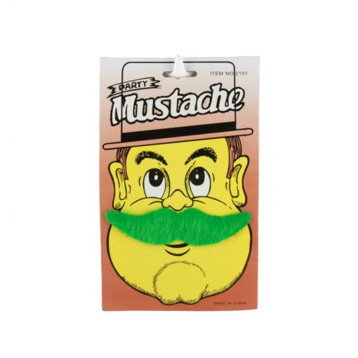 SP-st Paddy Mustache costume accessory with bright green color displayed on packaging.