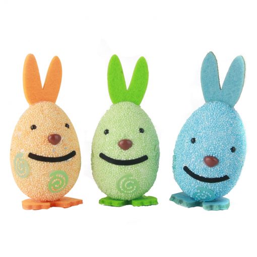 Three colorful Egg Rabbits (3PCS) in orange, green, and blue with smiling faces and bunny ears.