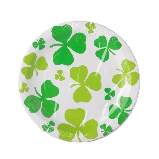 Clover Dishes featuring green clover designs on a white paper plate, perfect for St. Patrick's Day celebrations.
