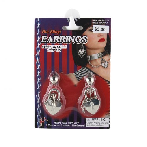 H.B Earrings displayed on packaging, featuring heart lock design and stylish clip-on comfort, perfect for costume or fashion.