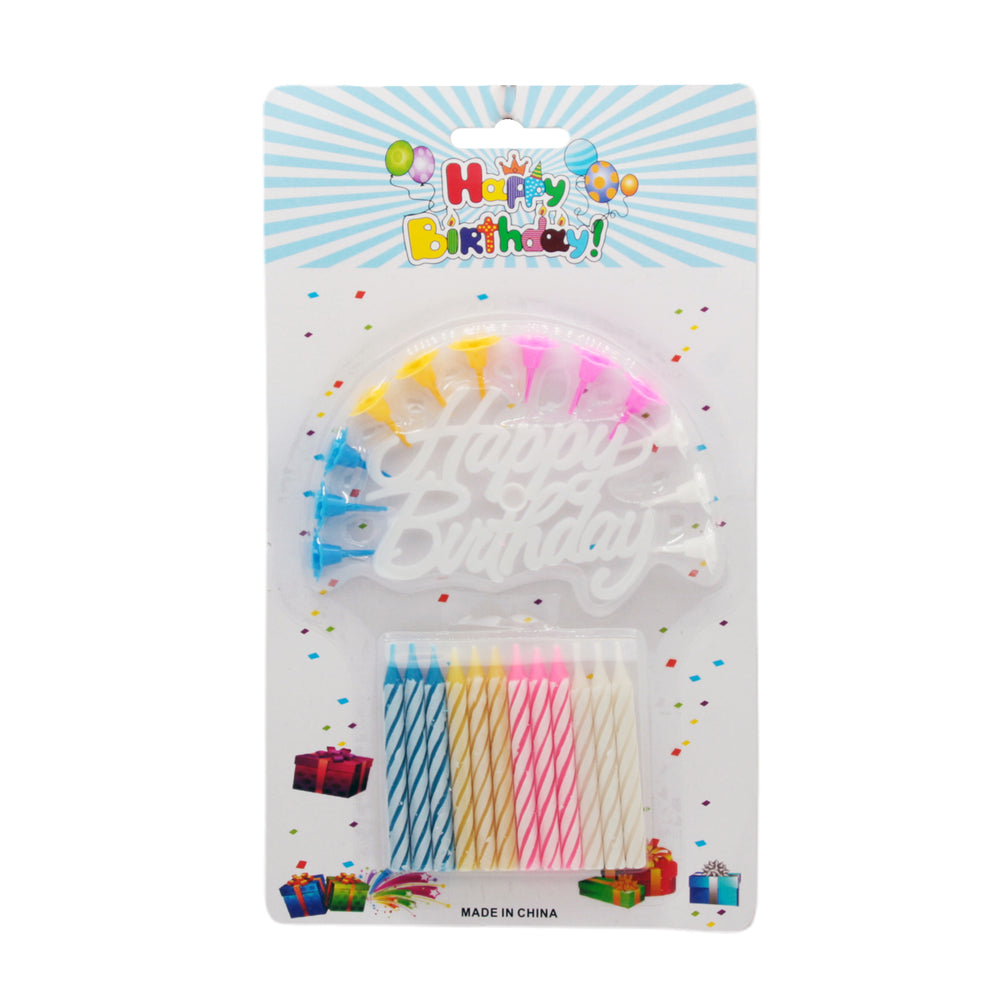 Colorful Birthday Candle Set with multicolor spiral candles and a cheerful Happy Birthday topper.