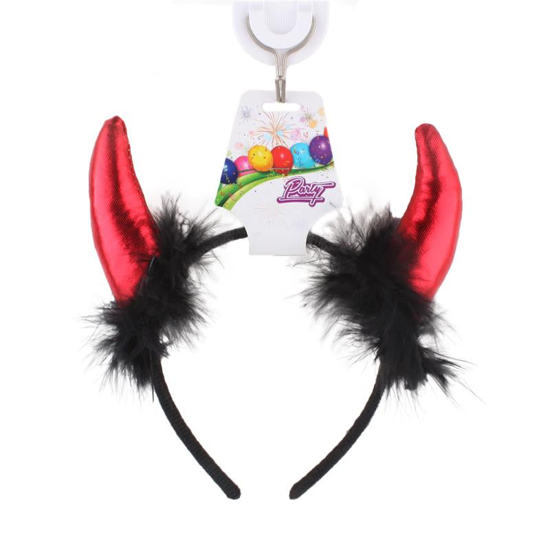Devil Horn Hair Band(327) featuring red horns and black fur for festive costumes and parties.