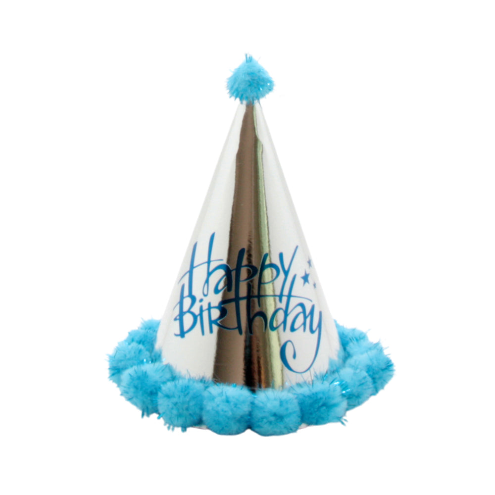 Kids Birthday Party Hats – Pink & Blue: festive blue birthday hat with pom-pom and 'Happy Birthday' design.
