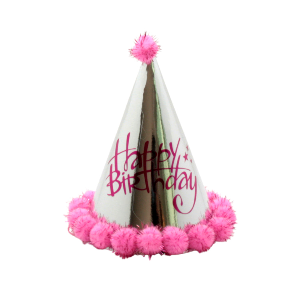 🎈 Kids Birthday Party Hats – Pink & Blue with a shiny pink birthday hat featuring pom-poms and festive text.