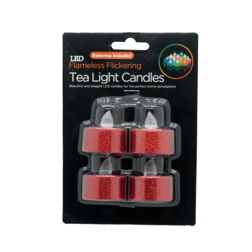 Red Battery LED Tealight Candles - set of 6 flameless flickering tea light candles with batteries included.