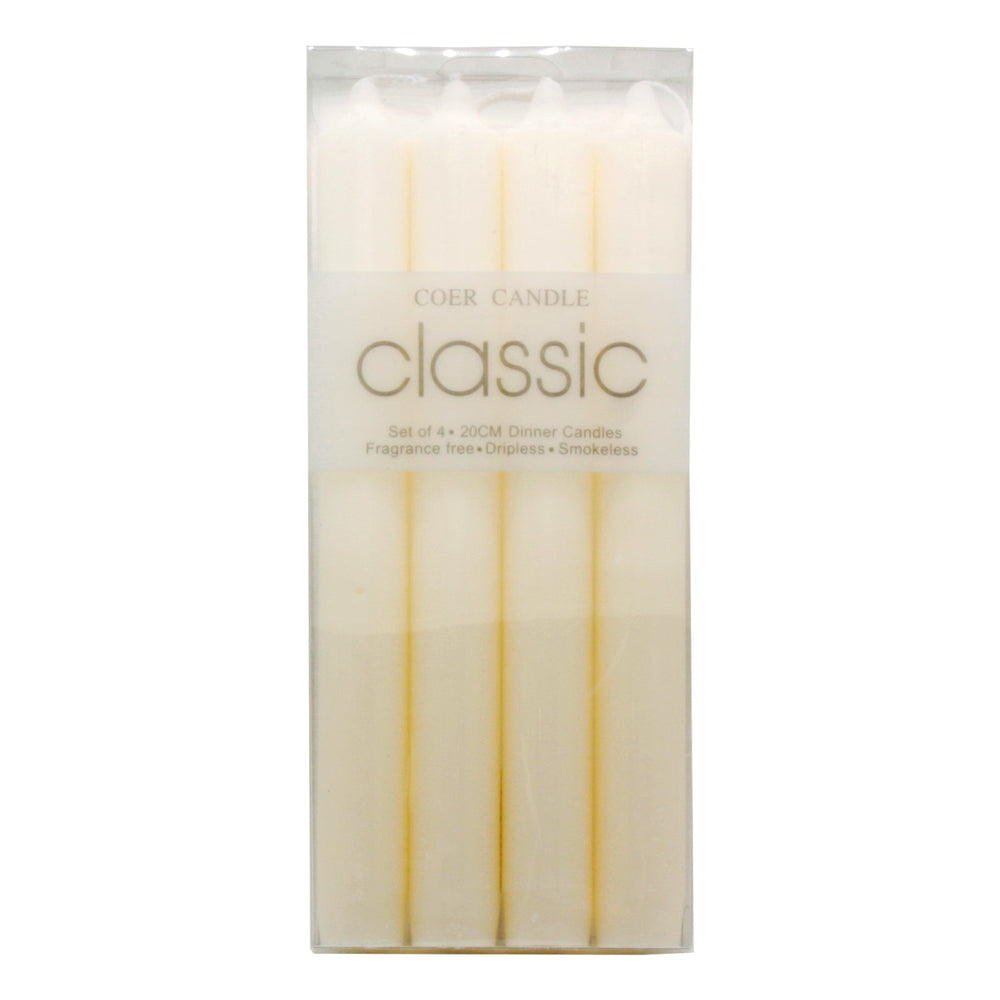 Classic Taper Candles White(4PCS/2.2*20CM) in clear packaging, unscented, ideal for elegant occasions.