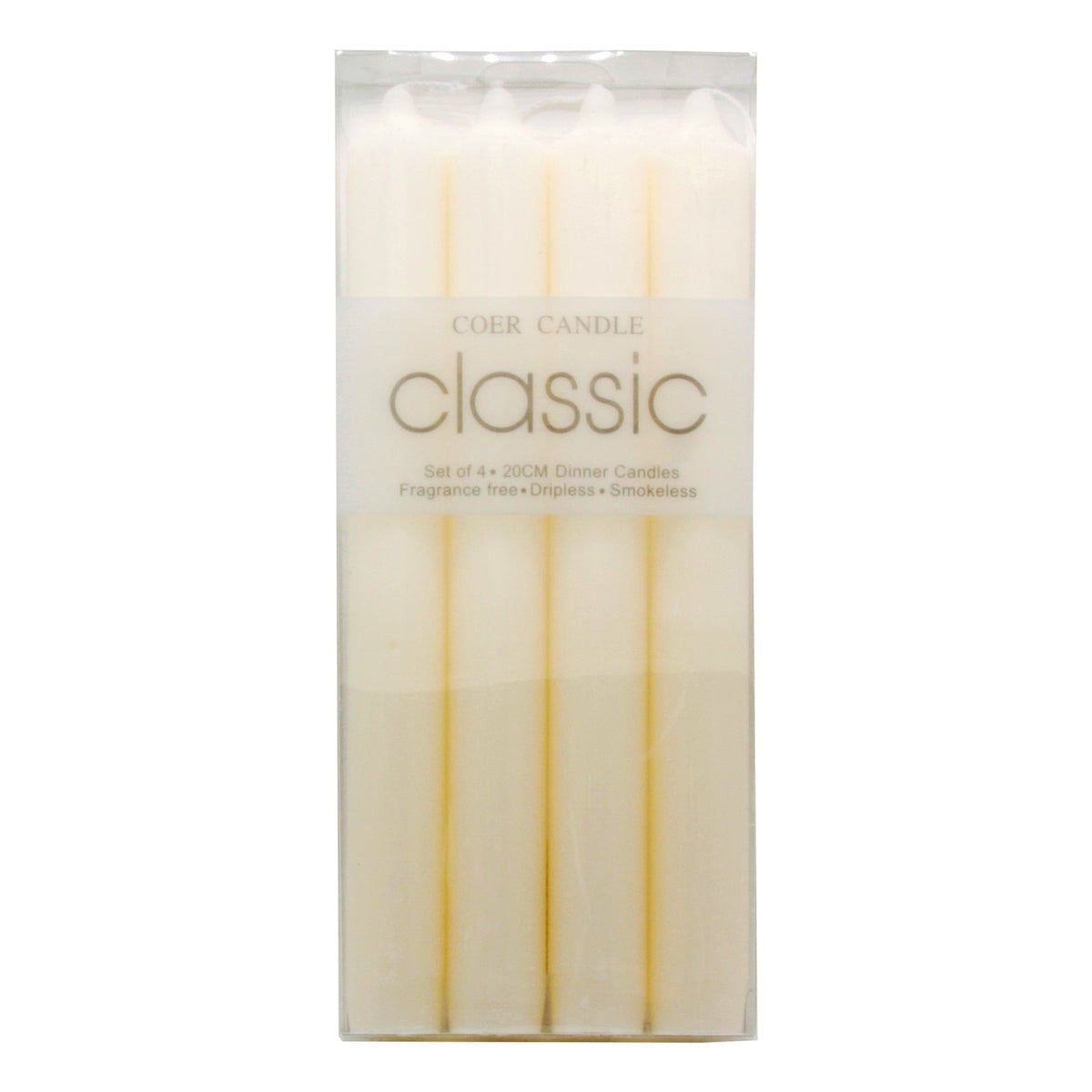 Classic Taper Candles White(4PCS/2.2*20CM) in clear packaging, unscented, ideal for elegant occasions.