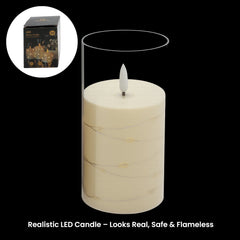 Wrapped Flameless LED Candle – 7.5×10CM (NZ Stock) in a glass holder showing realistic texture and flame-free light.