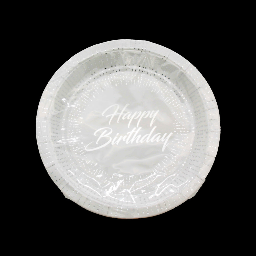Happy Birthday G.Plate(18CM,10PCS) - round party plate with elegant design for birthday celebrations.