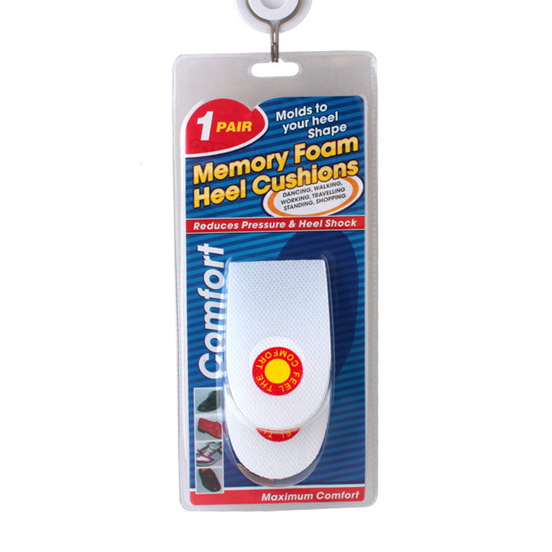 Heel Cushions (Woman) packaging showcasing memory foam for comfort and pressure relief.