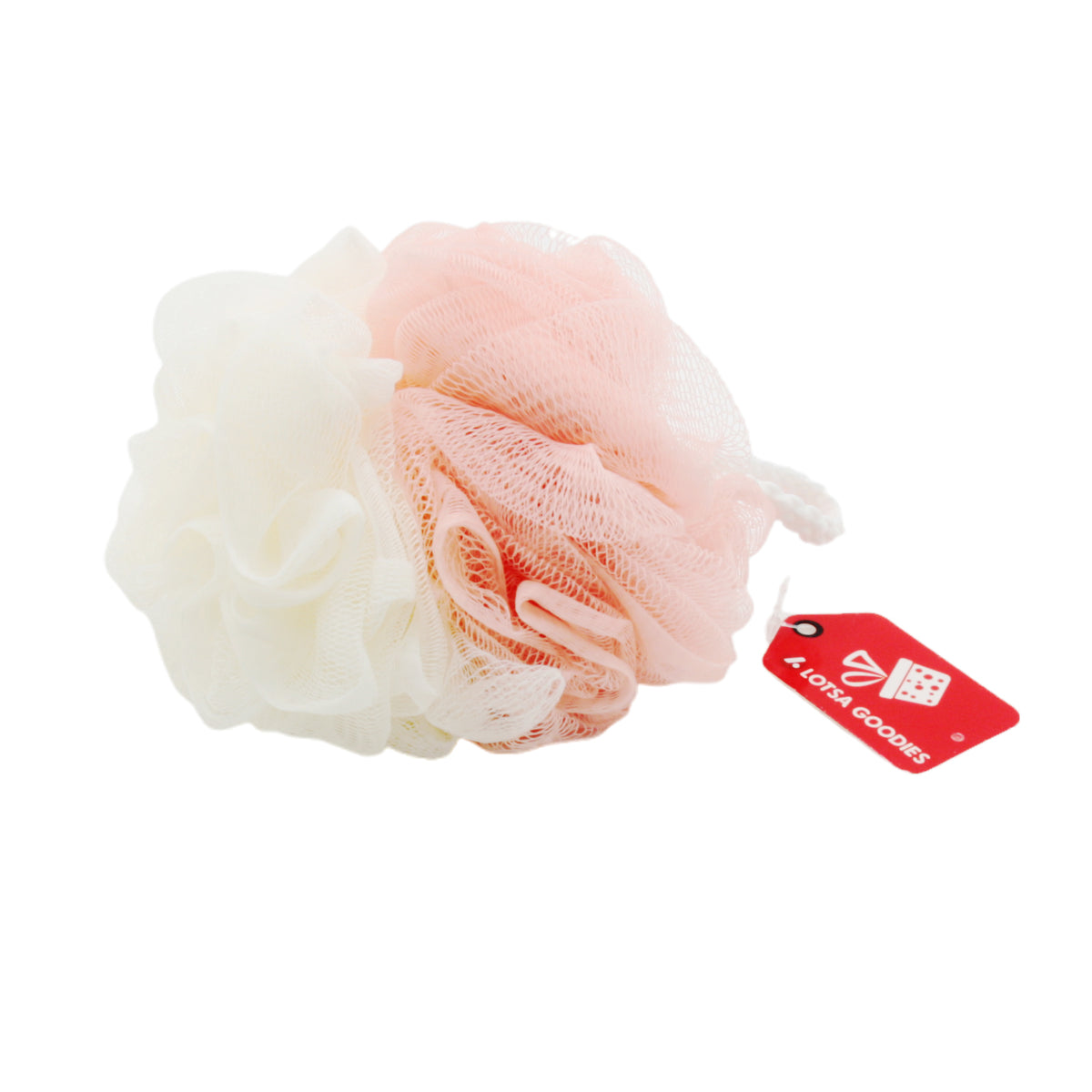 Shower Ball(50G) in pink and white, perfect for enhancing your shower experience and skin exfoliation.