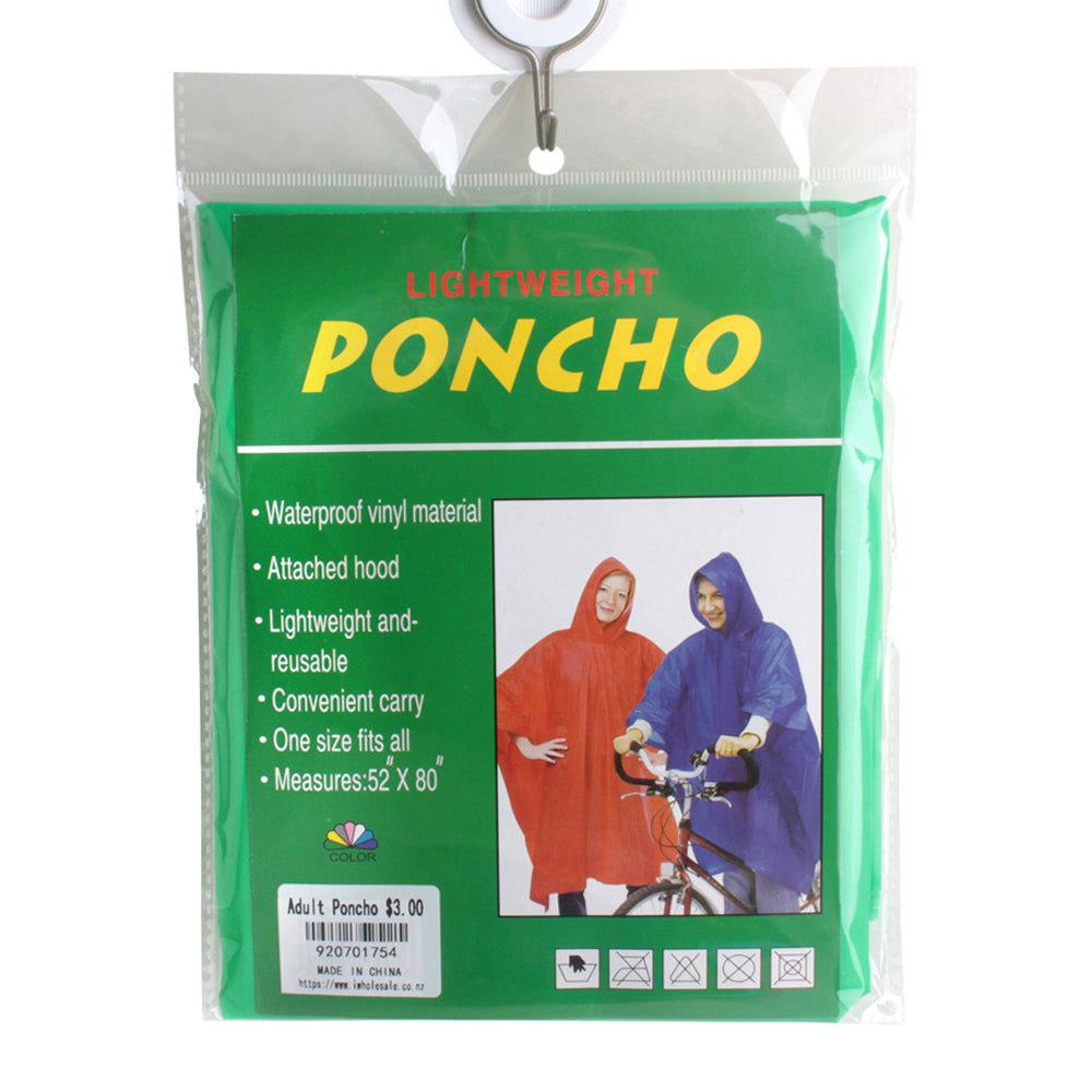 Adult Poncho – Lightweight Rain Protection (One Size) in packaging, featuring waterproof material and attached hood.