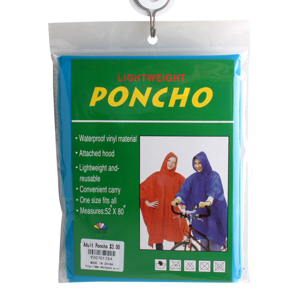 Adult Poncho – Lightweight Rain Protection (One Size) in packaging, waterproof and reusable, shown in various colors.