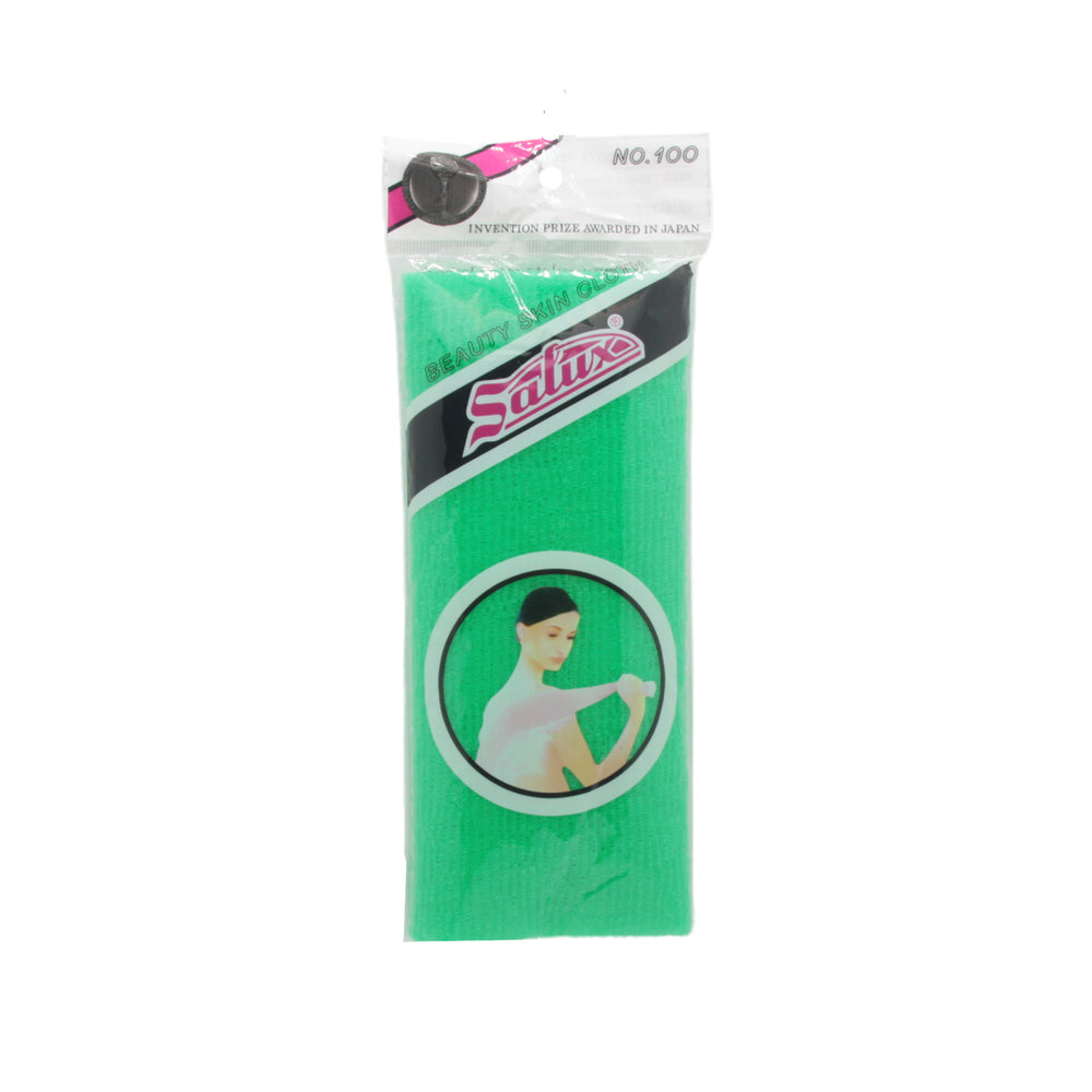 Bath Towel packaging of green colored towel, featuring a model holding the towel in a stylish manner.