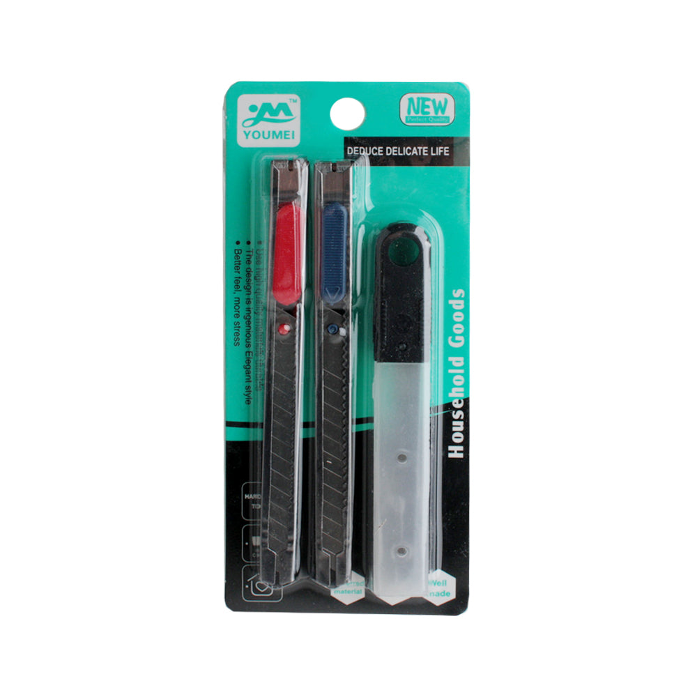 Slim Kutter Knife w Blade set with three utility knives in packaging for household use.