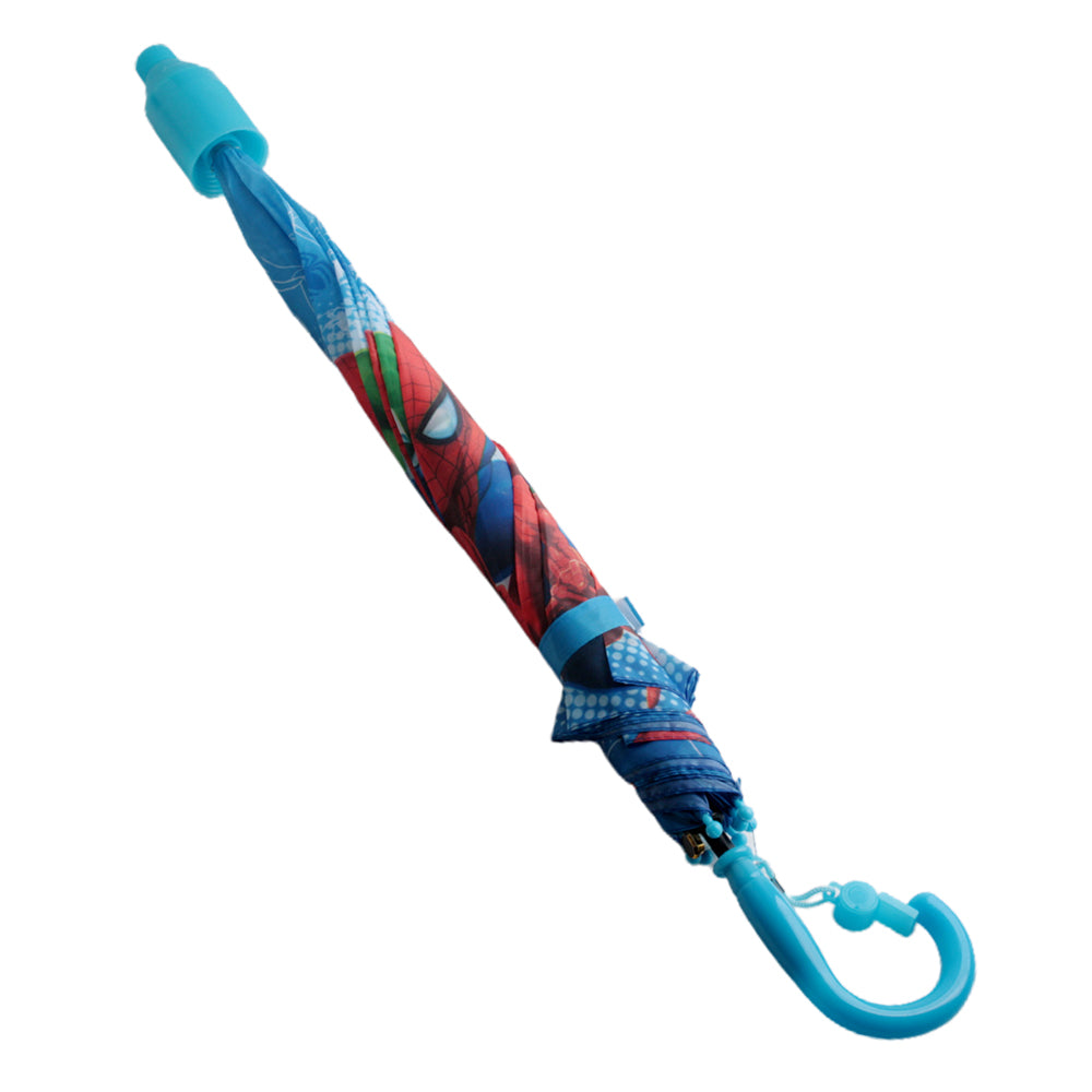 kids Umbrella w Cover (M) featuring a Spiderman design with a blue hook handle and safety cap.