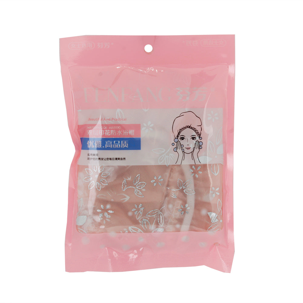 Shower Cap(TA) packaged design with floral patterns in a pink bag for stylish hair protection.