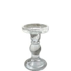 Candle Holder L.K. clear glass design with measurements for tabletop decor, height 13.8cm, diameter 8cm.