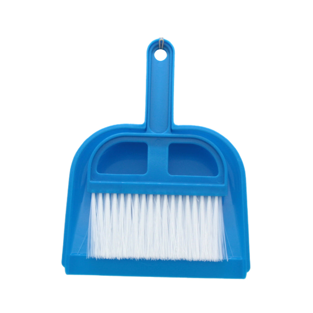 Mini Broom Set featuring a blue dustpan with soft bristles for easy cleaning.