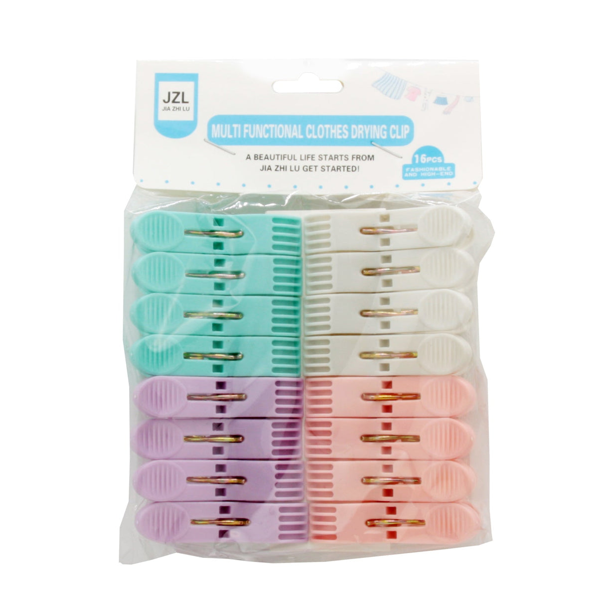 Colorful Laundry Clips in a pack of 16, featuring pastel colors like pink, green, purple, and white for organizing laundry.