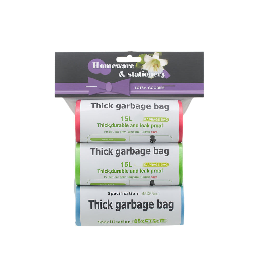 Durable Garbage Bags - Thick, durable and leak-proof garbage bags in three colors.