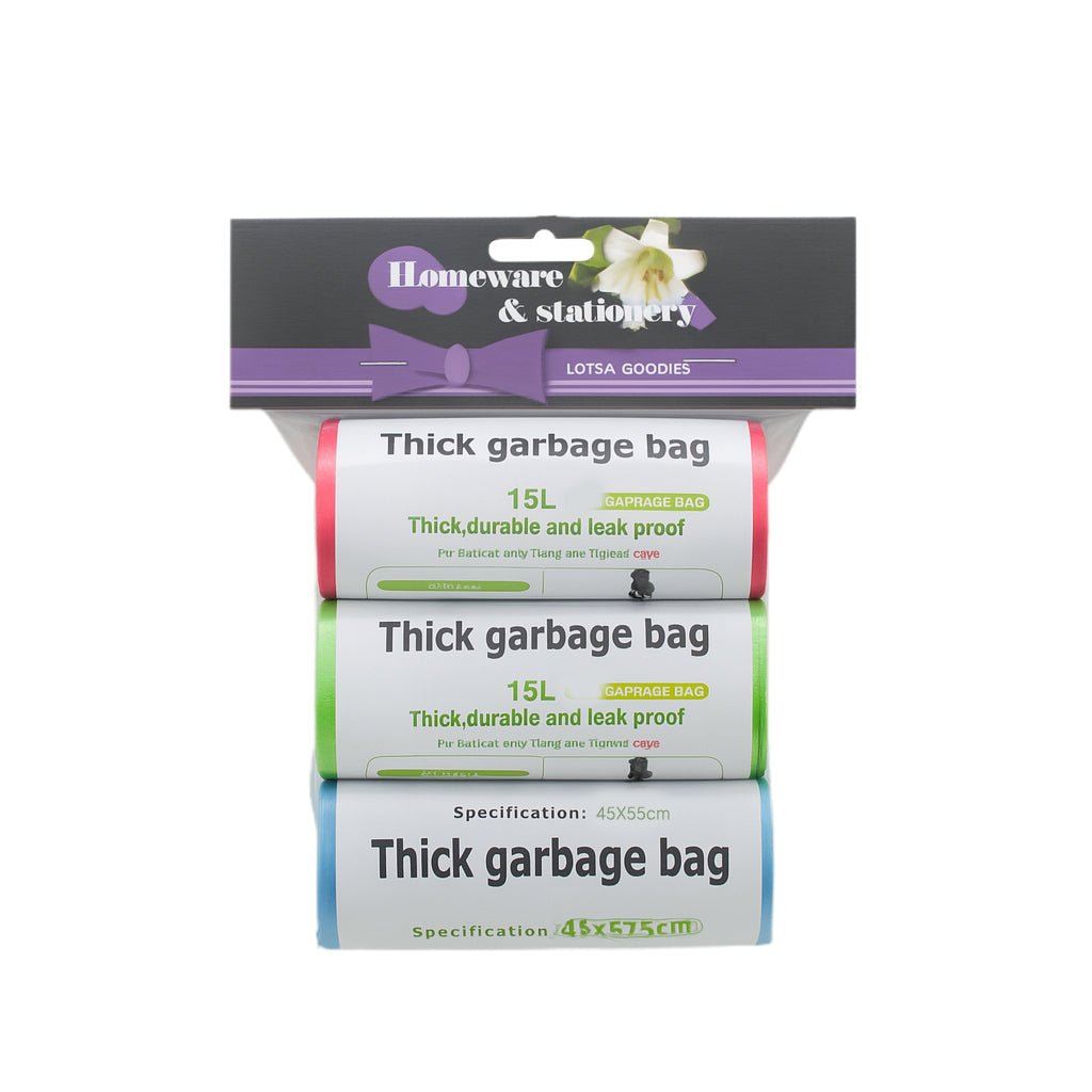 Durable Garbage Bags - Thick, durable and leak-proof garbage bags in three colors.