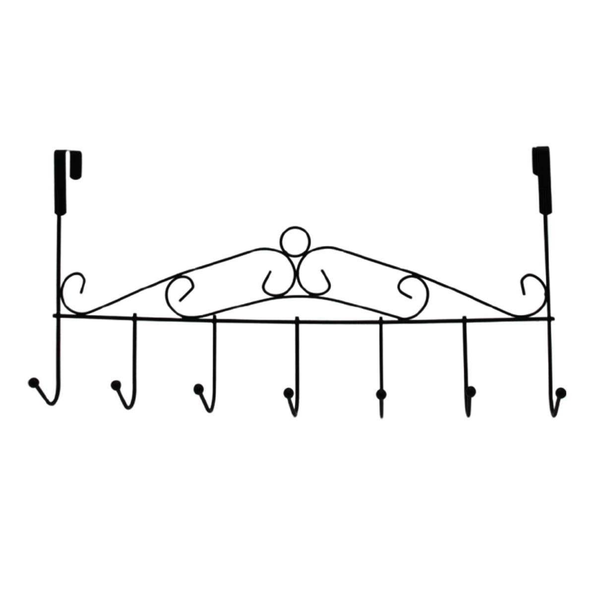 Wrought Iron Over Door Hanger with decorative scrolls and six hooks for stylish organization.