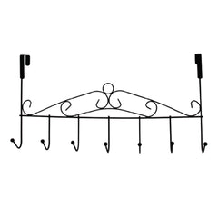 Wrought Iron Over Door Hanger with decorative scrolls and six hooks for stylish organization.
