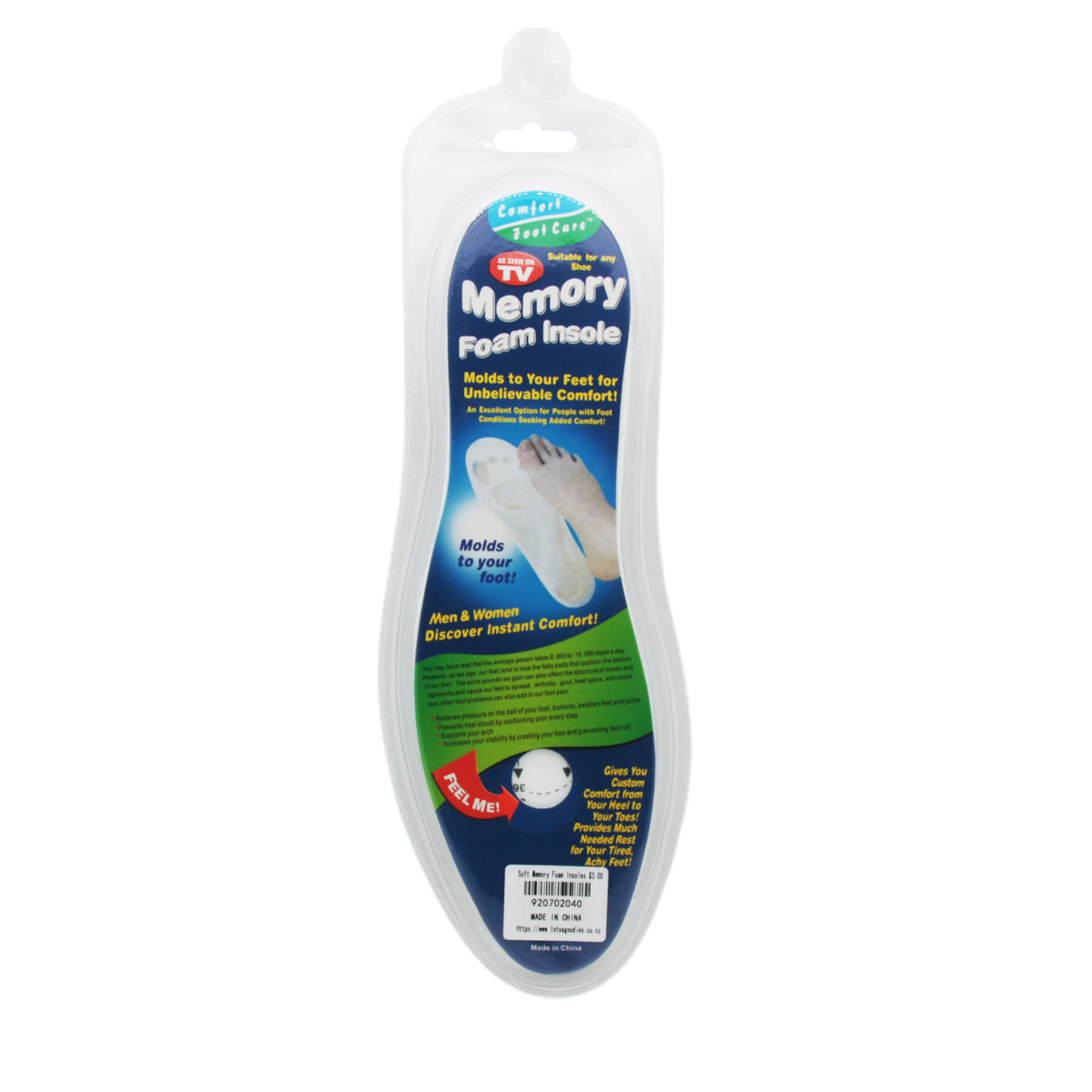Soft Memory Foam Insoles in packaging, designed for exceptional comfort and support for feet.