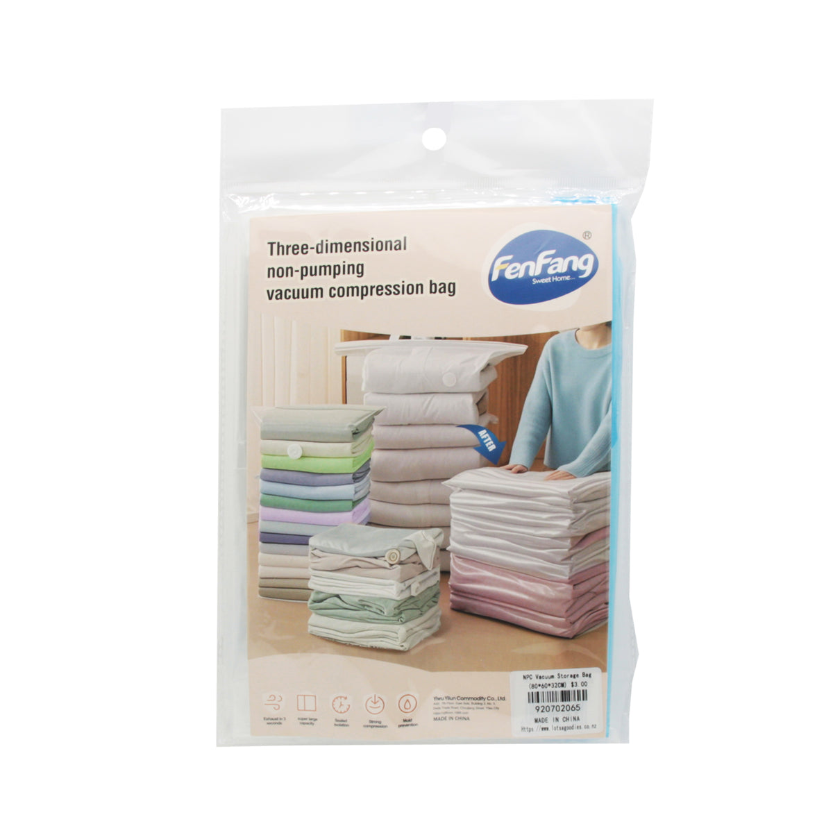 NPC Vacuum Storage Bag(80*60*32CM) packaging with compression bags stacked neatly.