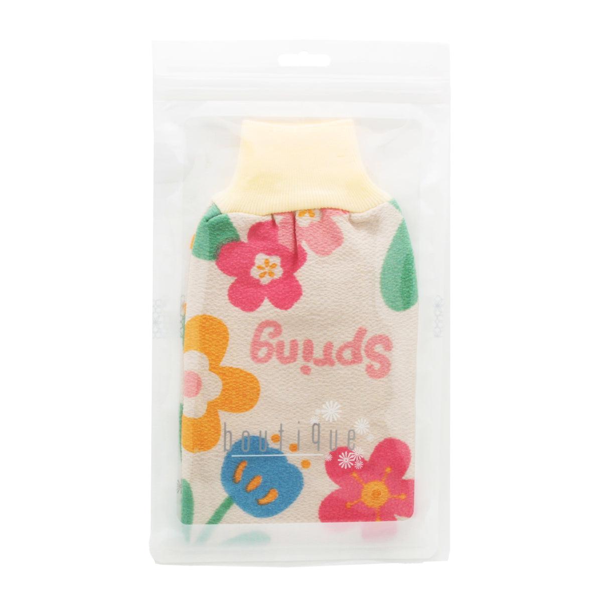Colorful shower scrubbing glove in packaging with floral design for effective cleaning.