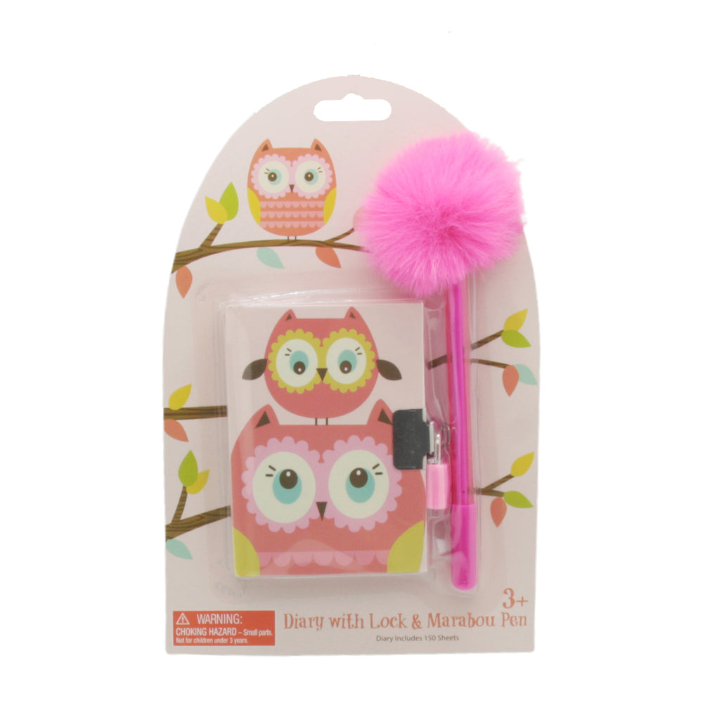 A7 Lock Memo Pad(17) with lock, key, and fluffy pink pen in owl design packaging for kids.
