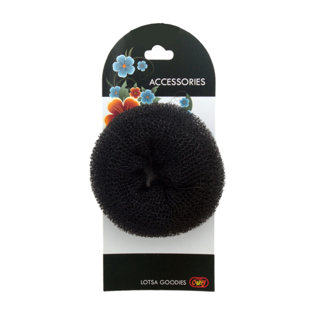 Hair Bun Black(￠8CM) in packaging showcasing a black mesh donut for creating voluminous hair buns.