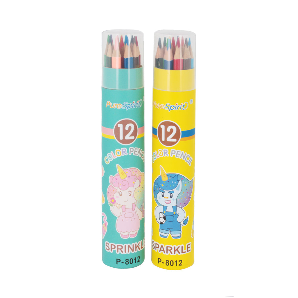 12 Colour Pencil(P-8012) in colorful tube cases, ideal for kids' arts and crafts, featuring two fun designs.