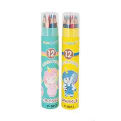 12 Colour Pencil(P-8012) in colorful tube cases, ideal for kids' arts and crafts, featuring two fun designs.