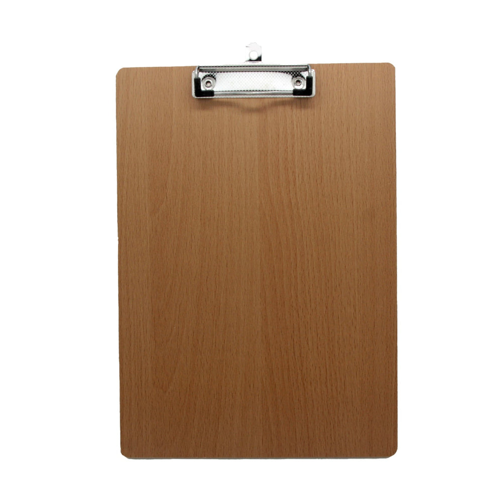A4 Clip Board with a wooden finish and a metal clip on top, perfect for organizing documents.